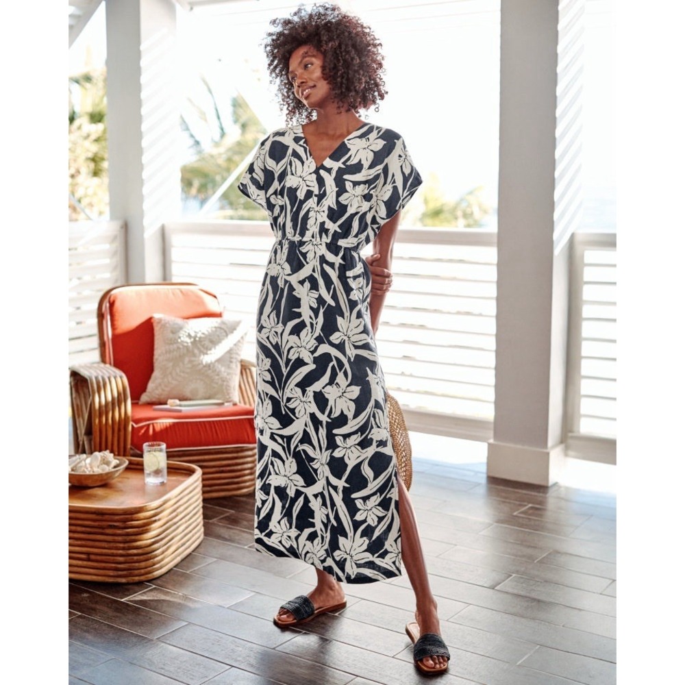Garnet Hill Regatta Linen Maxi Dress Women's 12 Navy Floral V Neck 100% Linen